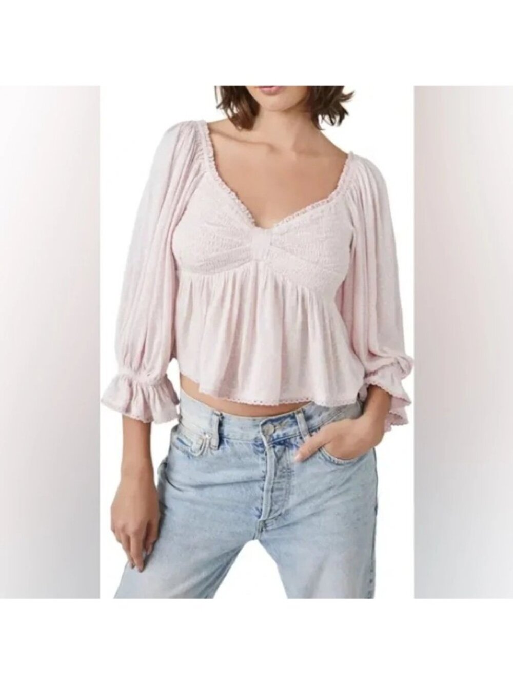 Free People XL Pink Brittnee Print Smocked Peplum Top Boho Coquette Feminine